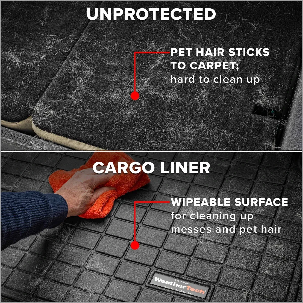 Wipeable cargo mat surface for pet hair and messes